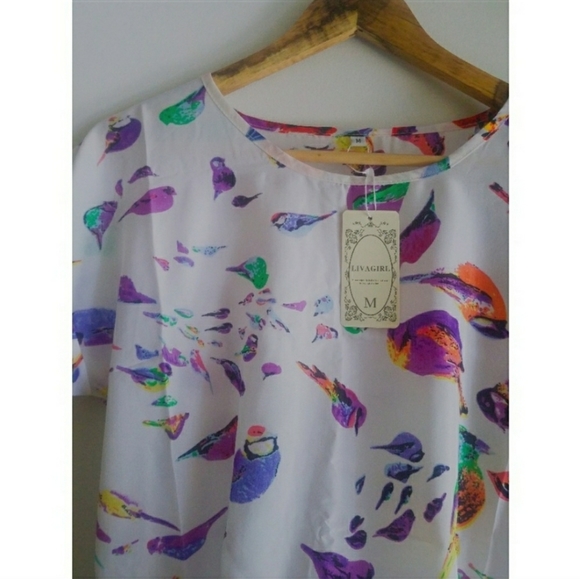 Colorful Sparrow Bird Chiffon Top Shirt Blouse - Picture 2 of 5